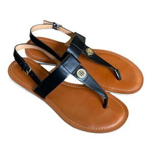 Tommy Hilfiger Bennia Thong Sandals, black and caramel leather, Sz: 9.5 M